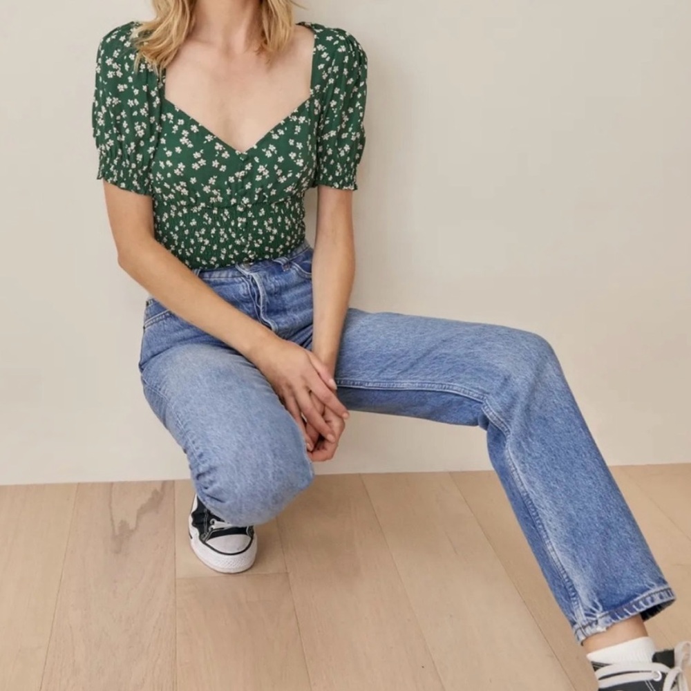 Reformation Green Floral Puff-Sleeve Blouse